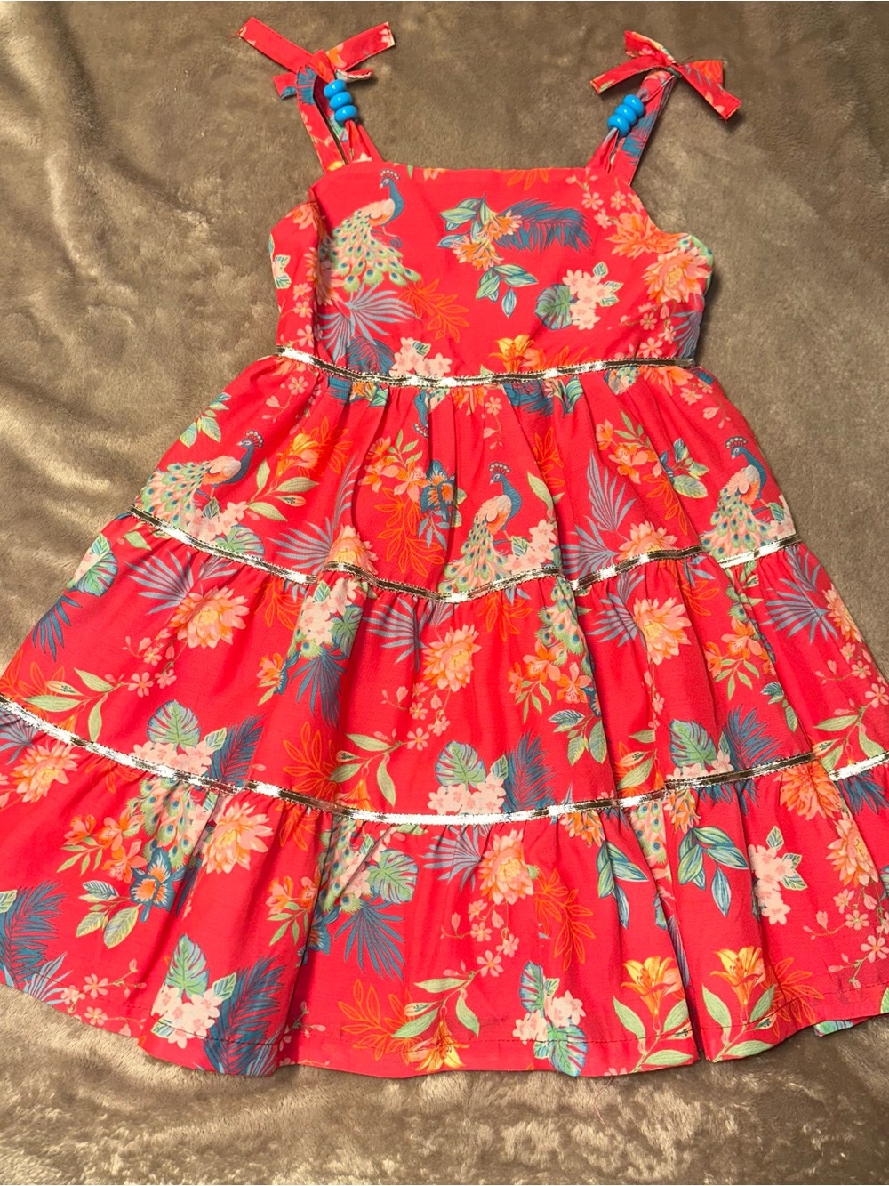Peek Red Floral Peacock Tiered Sundress with Blue Bead Straps